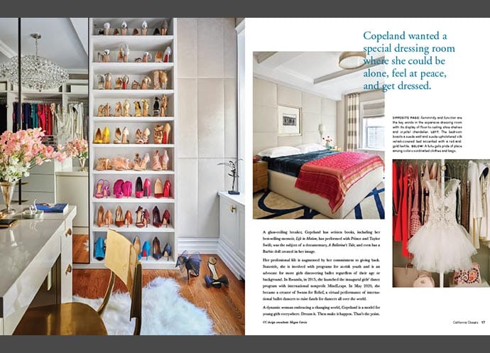 Stylish dressing room with shoe shelves, white desk, fur rug, and decor details featured in Copeland's fashion and design article