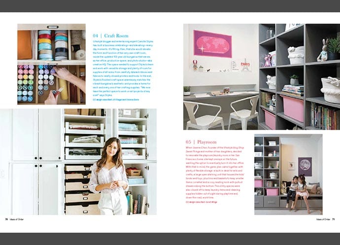 Side by side crafting room storage design and kid's playroom with desk and shelves from California Closets