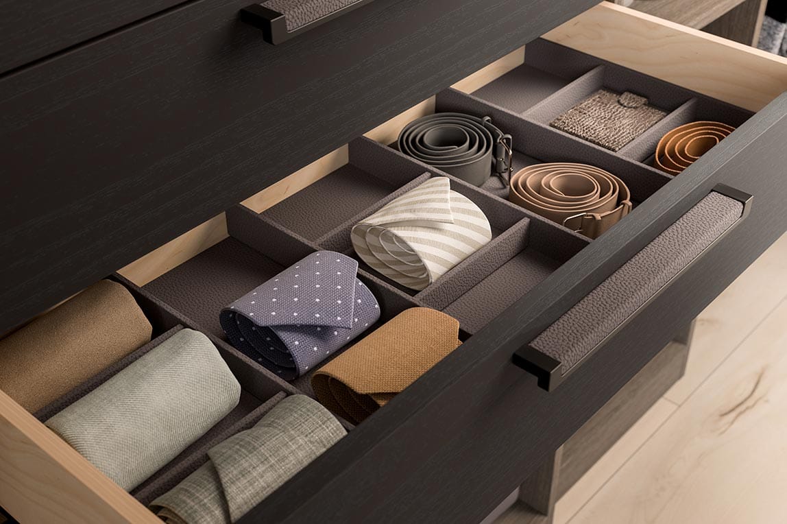 Maximize your closet space with a custom closet shelf drawer for your ties and belts by California Closets