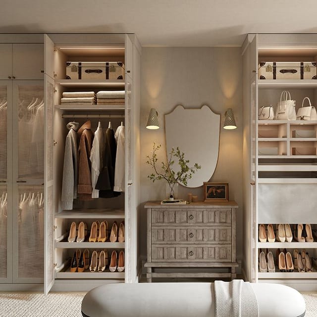 Walk-in closet with built-in shoe shelving, custom cabinets and center vanity by California Closets