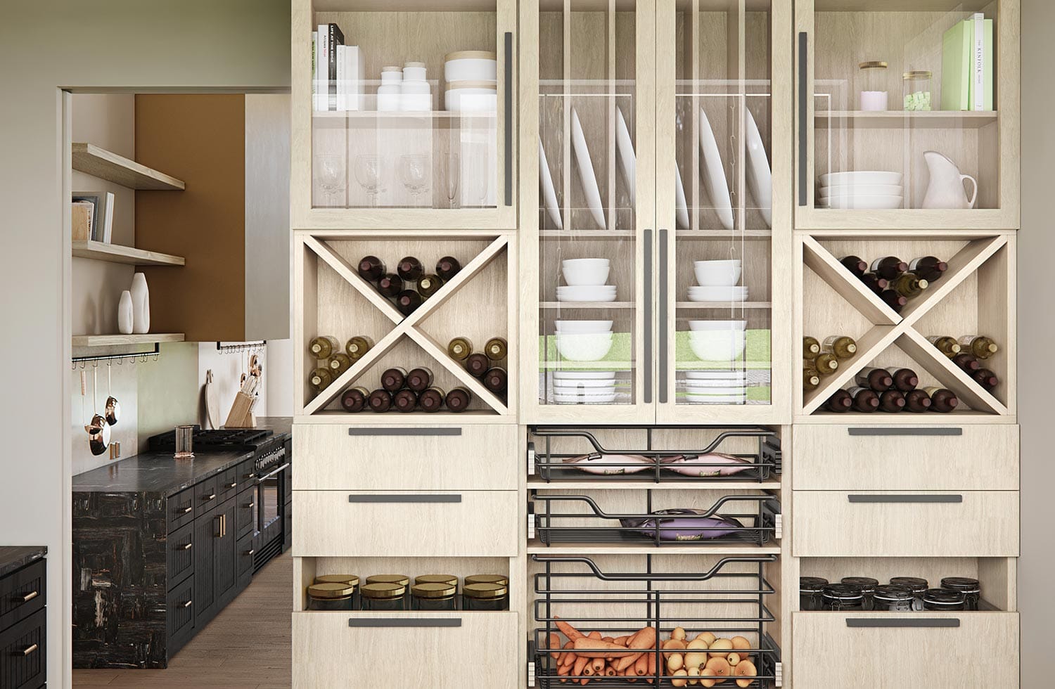 Custom kitchen hutch pantry for wine storage by California Closets