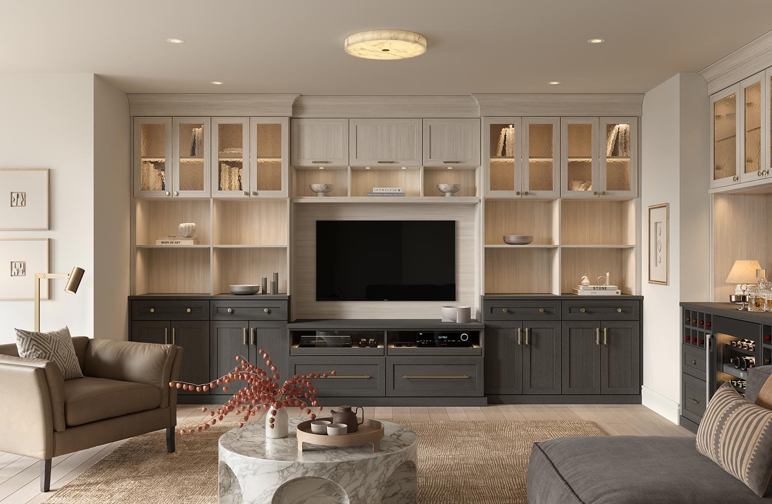 Media storage cabinets and shelving in dark and white finishes in a living room by California Closets