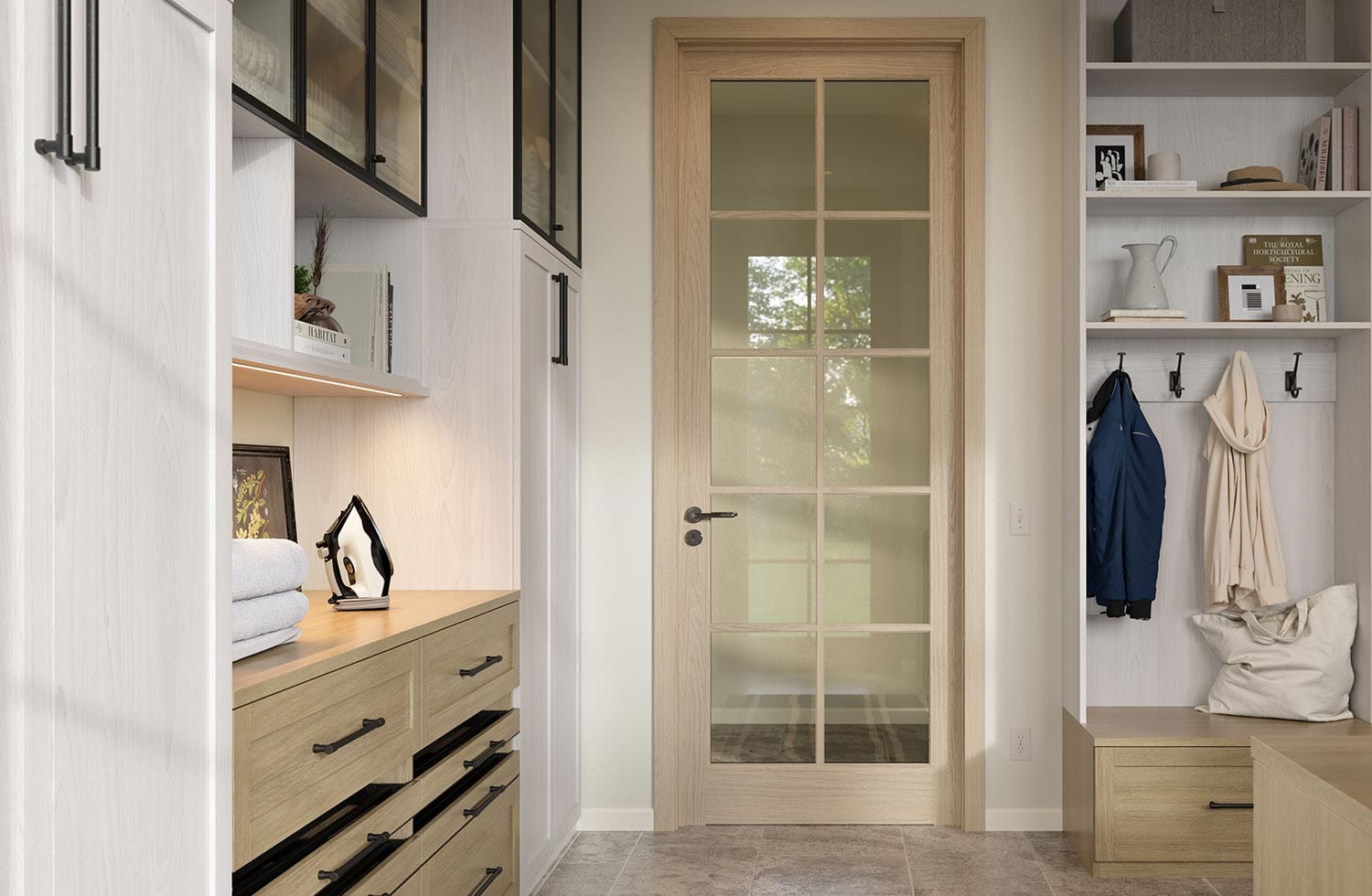 Entryway storage bench in a shared laundry room designed by California Closets