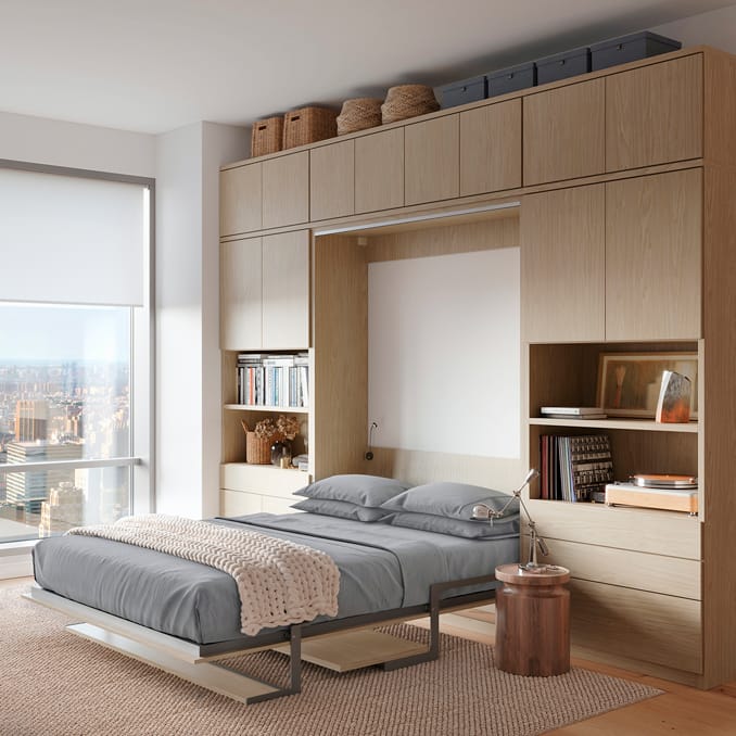Wall bed Murphy style with built in storage cabinets and shelving by California Closets