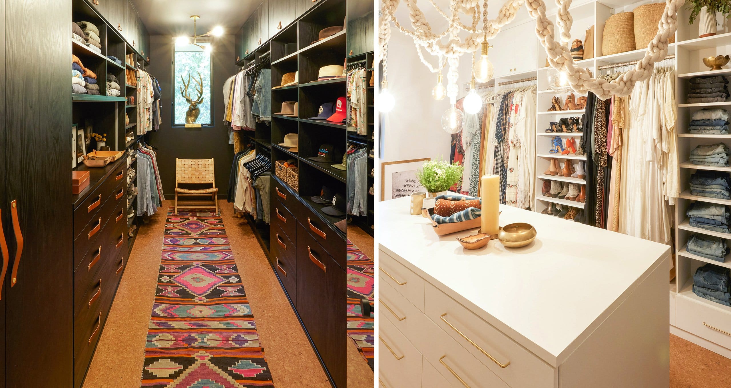 John Rankin’s closet with shoe and hat storage, open shelving and custom black finish cabinets and Meritt Elliot’s white wood grain walk in with a center island workspace by California Closets